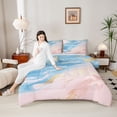thumbnail image 4 of Feelyou Marble Ombre Women Full Size Comforter Sets, Fashion Abstract Stripe Bedding Comforter Set, Blue Pink Oil Printing Reversible Bedding Sets, Lightweight Room Decor, 3 Pieces, 4 of 8
