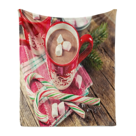 Christmas Soft Flannel Fleece Throw Blanket, Blurred Backdrop Photo of Hot Chocolate in Mugs with Marshmallows Candies, Cozy Plush for Indoor and Outdoor Use, 60" x 80", Multicolor, by Ambesonne