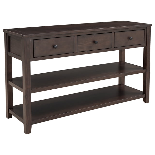 50 Inch Mid-Century Console Table with 3 Drawers & 2 Shelves, Retro Sofa Table Solid Wood Frame for Entryway, Living Room, Hallway