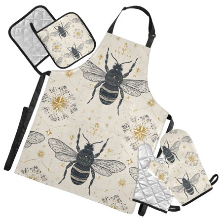Honey Bees with Elegant Prints Apron Set with Oven Mitts Pot Holders Set of 5 Kitchen Stuff Accessories