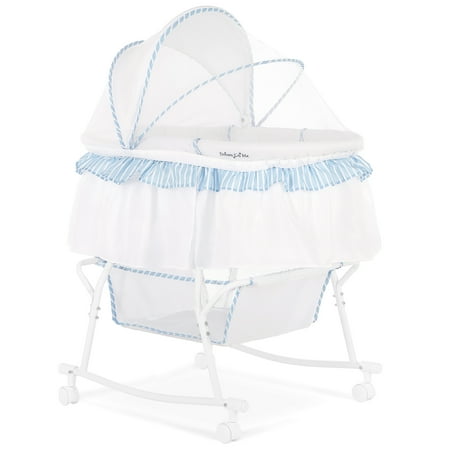 Dream On Me Lacy Portable 2-in-1 Bassinet & Cradle in Blue and White, Lightweight Baby Bassinet