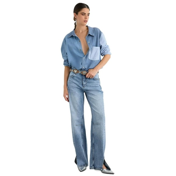 Mid Rise Side Slit Straight Leg Jeans