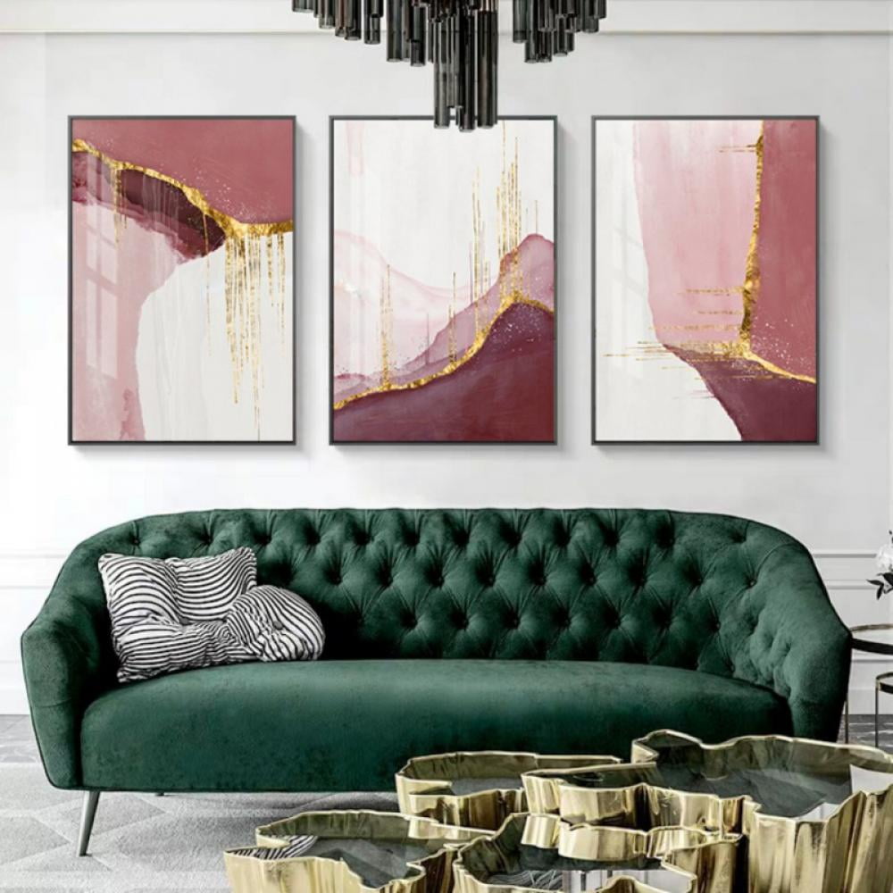 3PCS Wall Painting Wall Art Decor- Decorative Painting Pink Gold Ink Painting for Home Living Room Bedroom Restaurant Study Aisle Decor, 30cm*45cm