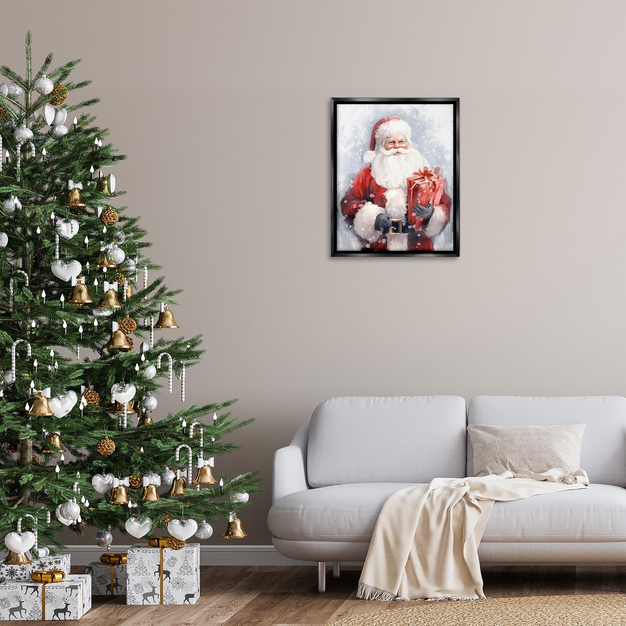 Stupell Industries Santa with Red Gift Holiday Painting Black Floater Framed Canvas Art Print Wall Art, 25 x 31