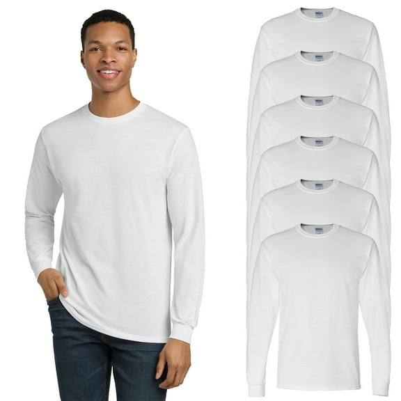 Gildan Men’s DryBlend 50/50 Long Sleeve T-Shirt, Crew Neck, Classic Fit Tee, White, 6-Pack, S