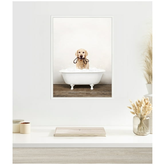 Kate and Laurel Golden Retriever in Rustic Bath Style Framed Canvas Wall Art by Amy Peterson 18 x 24 Sylvie White, Whimsical, Animals, Bathroom, Humor Art for Wall Decor, Living Room, Bedroom