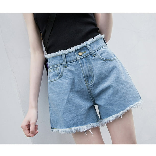 Summer Women Summer High Waisted Wide Leg Denim Shorts With Loose Fringed Edges Light Blue 26 Walmart Com Walmart Com