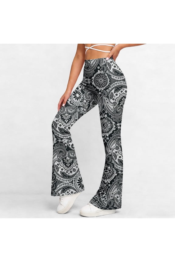 Women High Waisted Flare Leggings Boho Floral Print Hidden Scrunch Bootcut Bell Bottoms Yoga Pants