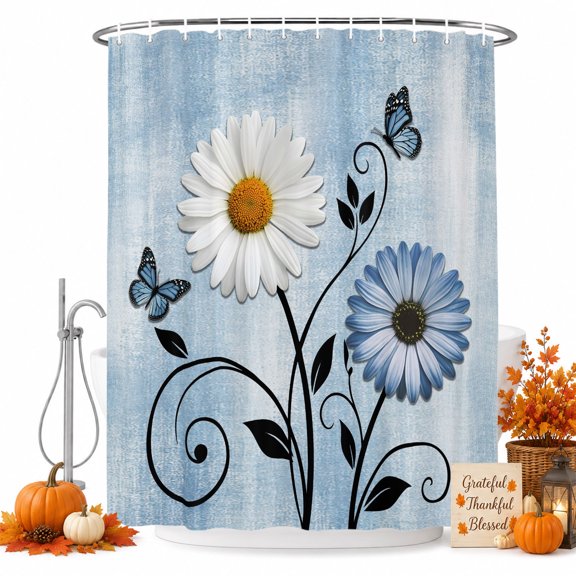 Blue Spring Floral Shower Curtain Set - Long 72" x 84" Washable Bathtub Curtain with 12 Hooks, Daisy Watercolor Vintage Butterfly Waterproof Fabric Stall Shower Curtains for Bathroom/Bathtub Décor