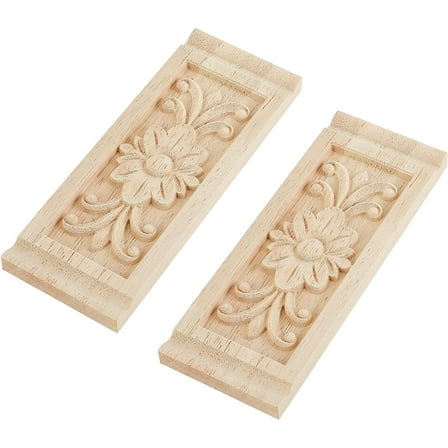 2PCS Rectangle with Flower Wood Carving Decal 6.3x2.4inch Unpainted Home Furniture Applique Decor Natural Solid Wood Carved Onlay for DIY