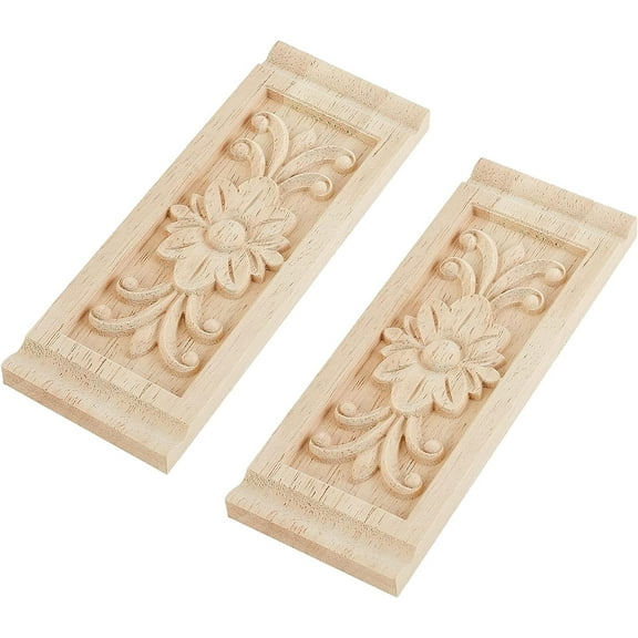 2PCS Rectangle with Flower Wood Carving Decal 6.3x2.4inch Unpainted Home Furniture Applique Decor Natural Solid Wood Door Wall Ornamental
