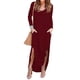 thumbnail image 3 of Vestido de manga larga con abertura lateral, cuello en V, bolsillo, dobladillo irregular, vestido largo de color puro para mujer, rojo vino M, 3 of 5