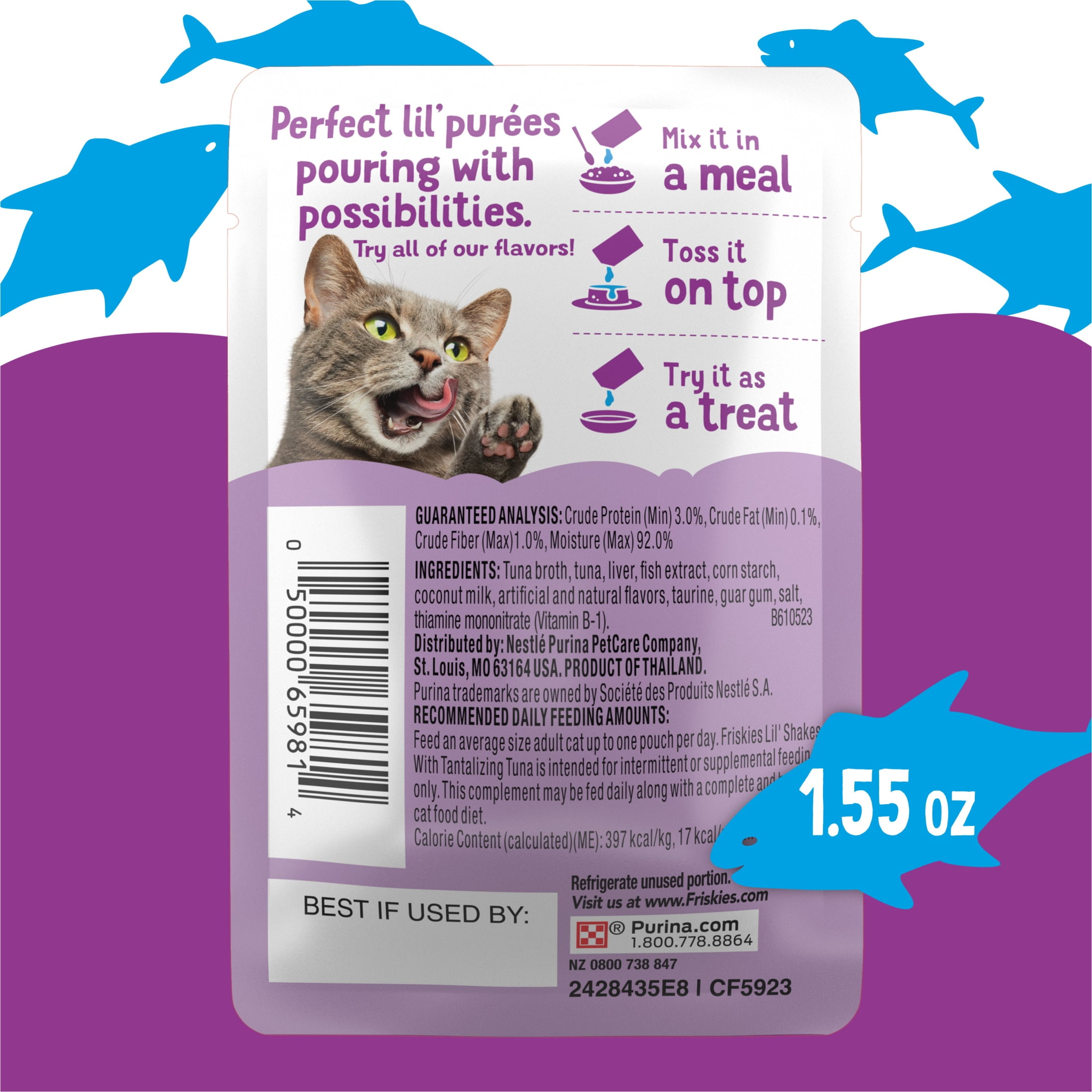 (2 pack) Purina Friskies Pureed Wet Cat Food Toppers, Lil’ Shakes With Tantalizing Tuna Lickable Cat Treats