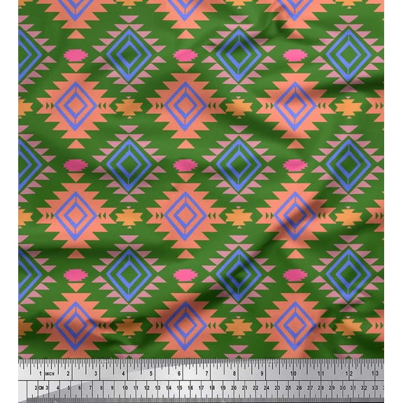 Soimoi Green Rayon Fabric Diamond Geometric Print Fabric by the Yard 42 Inch Wide