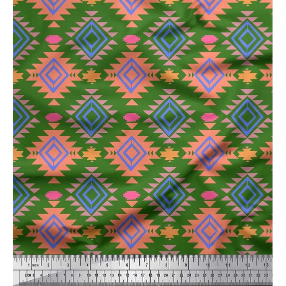Soimoi Green polyester Crepe Fabric Diamond Geometric Print Fabric by the Yard 52 Inch Wide