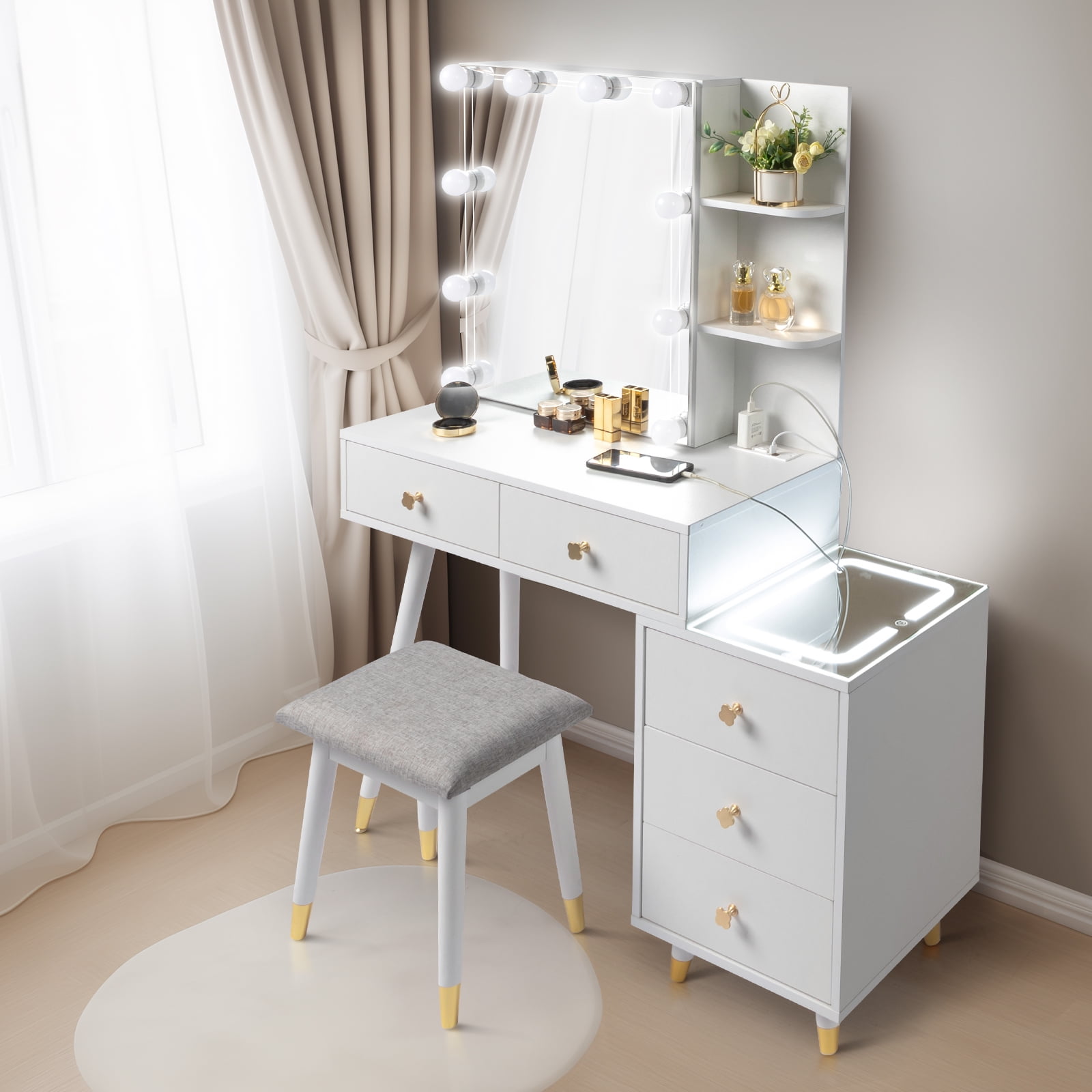 Ktaxon 3 Color Lighted Vanity Table Set, Makeup Table with LED Nightstand, Dressing Table with USB Charging Station, for Women, Female Bedroom, White