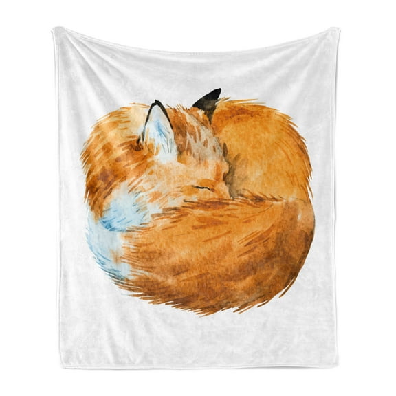 Animal Soft Flannel Fleece Throw Blanket, Fox Sleeping Funny Creature Kids Nursery in Watercolor Artwork Design, Cozy Plush for Indoor and Outdoor Use, 70" x 90", Apricot and White, by Ambesonne