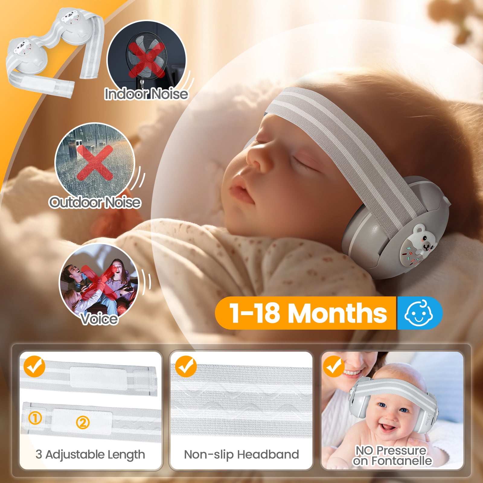 Orzbow Baby Noise Cancelling Headphones with Cute Bear Design for Babies Infant up to 48 Months, Ear Muffs Noise Protection with Non-Slip Band for Airplane Travel Sleep, Gray Bear