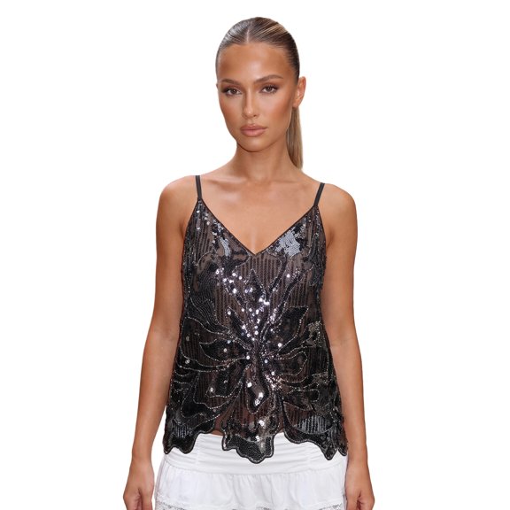 LMLYSoH Women's Glitter Sequin Cami Tops Sleeveless Spaghetti Strap V Neck Camisole Summer Clubwear