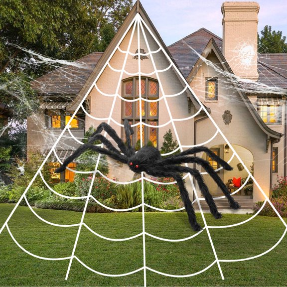 Innens 16.4*15.7ft Halloween Decorations Giant Spider Web with 35" Spider Huge Spider Stretch Cobwebs for Halloween Decor Yard Lawn Party Outdoor Indoor (Black, 1Pc)