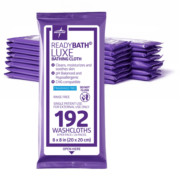 ReadyBath Luxe Shower Wipes, No Rinse Disposable Wash Cloths with Aloe, Unscented, 8 x 8In, 192 Count