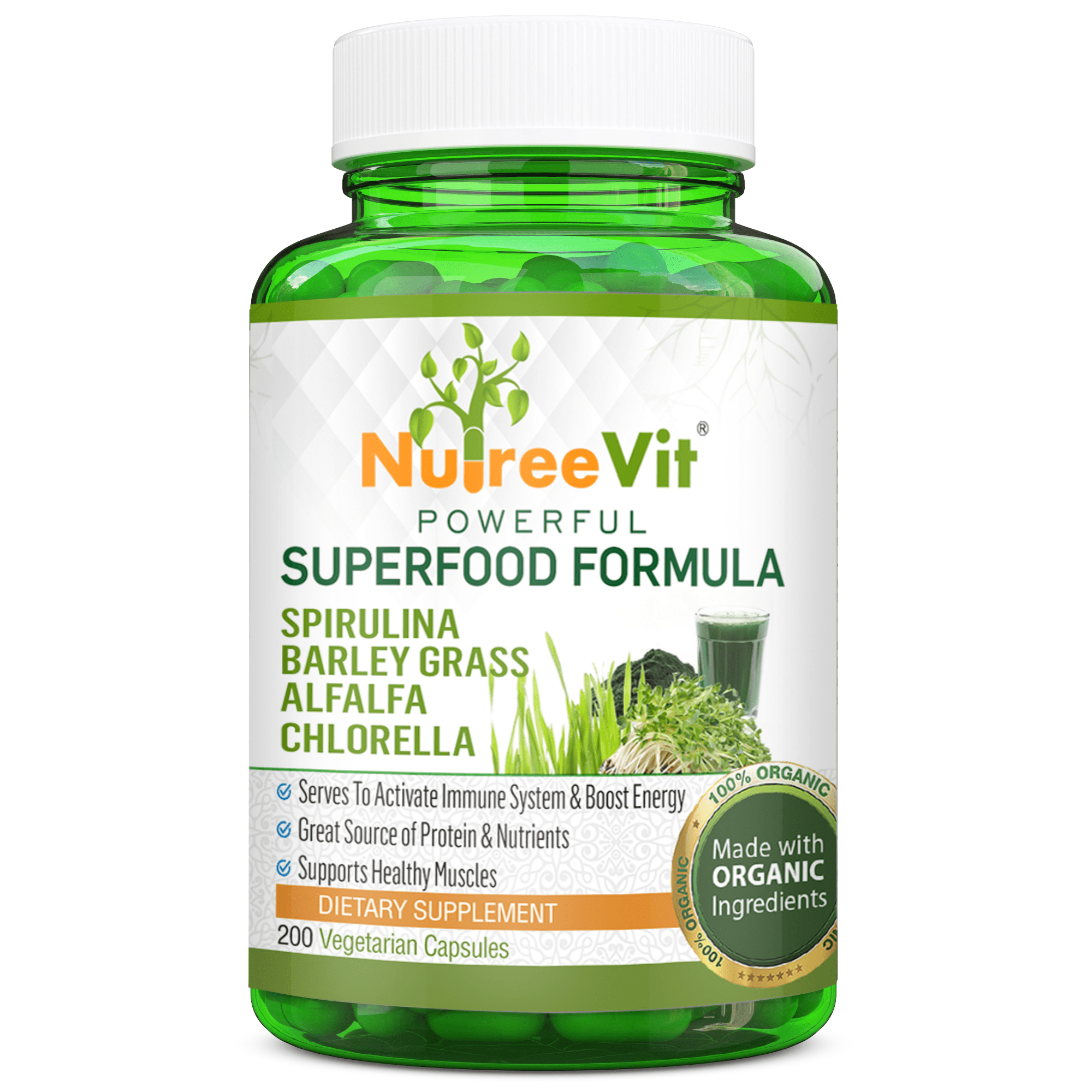 PURE ORGANIC Spirulina + Barley Grass + Alfalfa + Chlorella CAPSULES