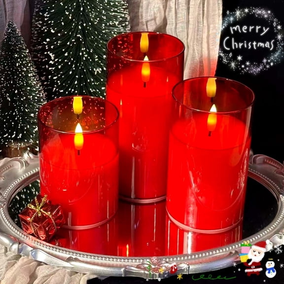 Goyuon Flameless Candles Flickering Realistic Red Battery Powered Remote Control Timer 3 Piece Set