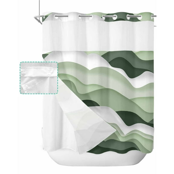 No Hook Shower Curtain with Snap in Liner, Sage Green and White Ombre Striped Wave Gradient Hotel Shower Curtains for Bathroom, Washable Shower Curtain Liner Set with Mesh Top Window, 66"x72"