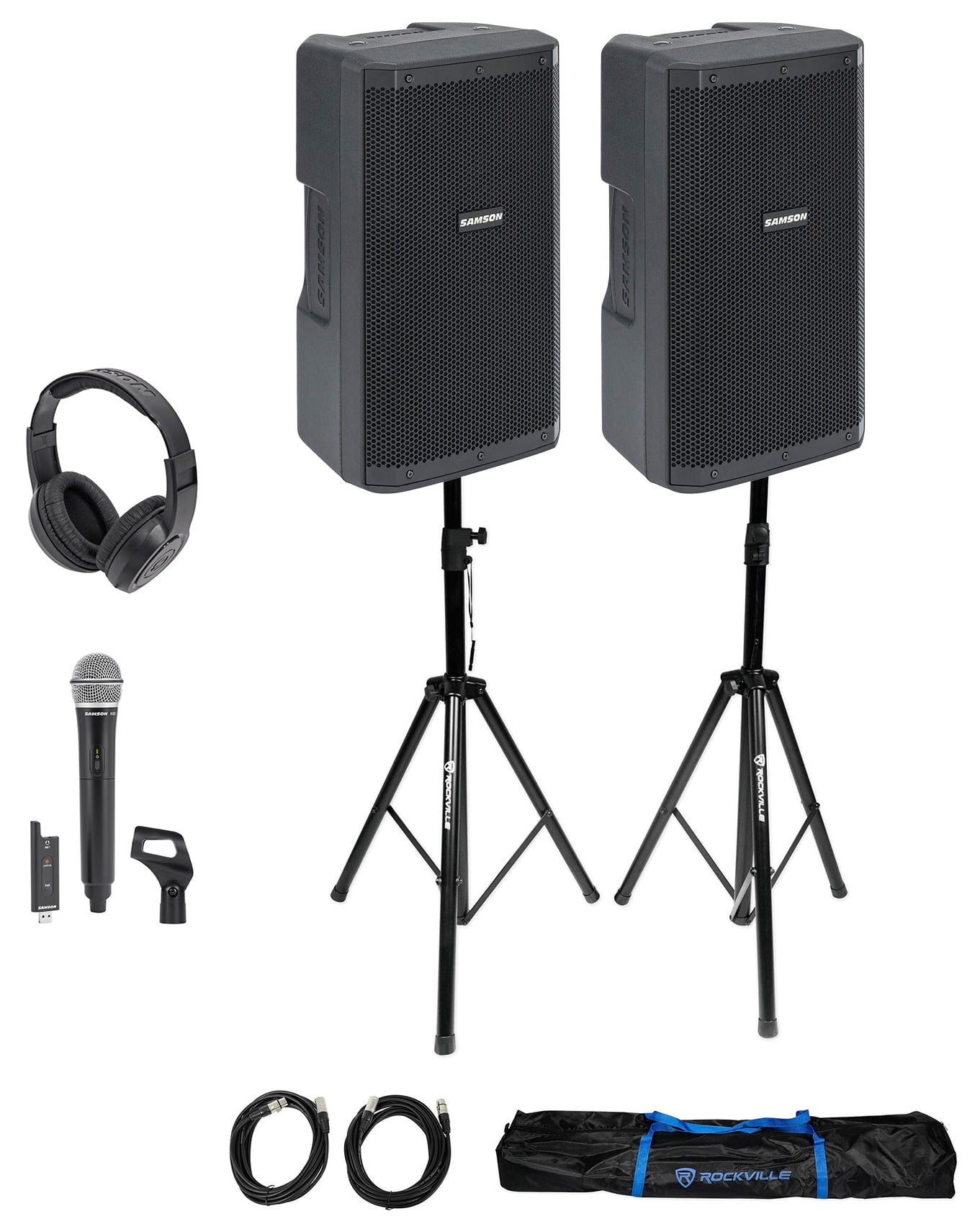 (2) Samson RS110A 10" Active DJ PA Speakers w/Bluetooth+Mic+Stands
