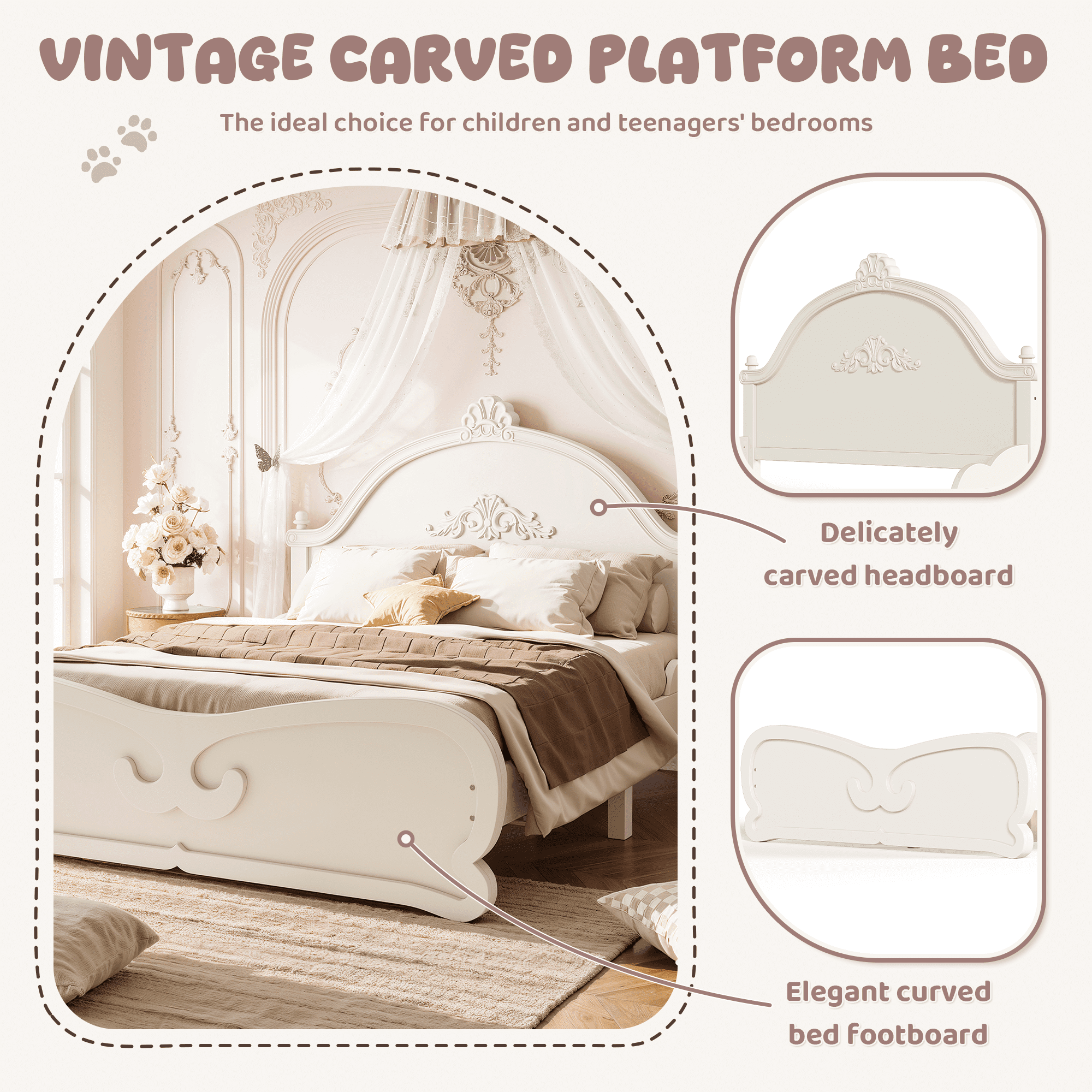 HOQBN Full Size Vintage Carved Platform Bed with Headboard, Solid Wood Bed Frame with Slatted Support, Low Profile Platform Bed for Kid Teens, Beige