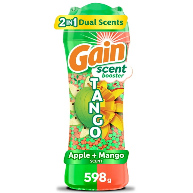Gain Tango 2-in-1 laundry scent booster beads with dual apple and mango scents, 598 g container.