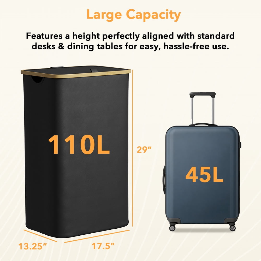PLUMEBAY 110L Laundry Hamper with Lid, Large Foldable Clothes Basket with Bamboo Handles, Tall Fabric Hamper for Bedroom, Bathroom, Dorm, Black