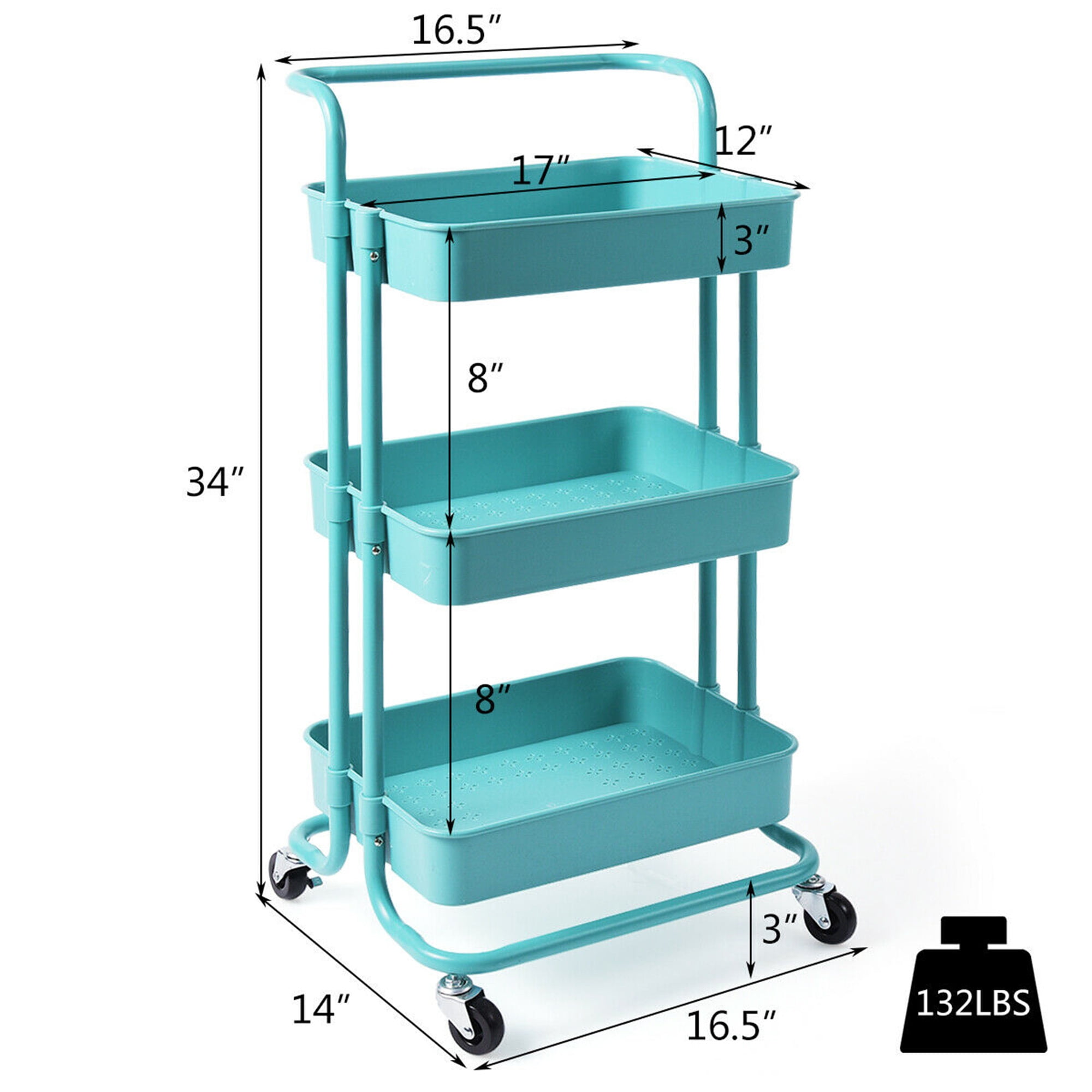 Gymax 3 Tier Rolling Cart W/Wheels ABS Basket Organizer & Practical Handle Aqua Blue