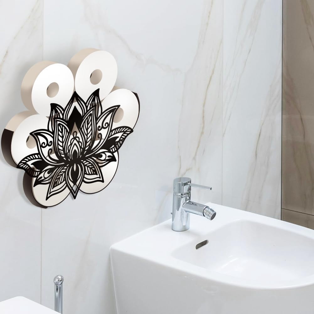 Lotus Flower Metal Toilet Paper Holder Bohe Mandala Decorative Toilet Paper Storage for Extra 8 Rolls Funny Freestanding Minimalist Decor Paper Roll Organizer for Farmhouse Bathroom Cabinet Black