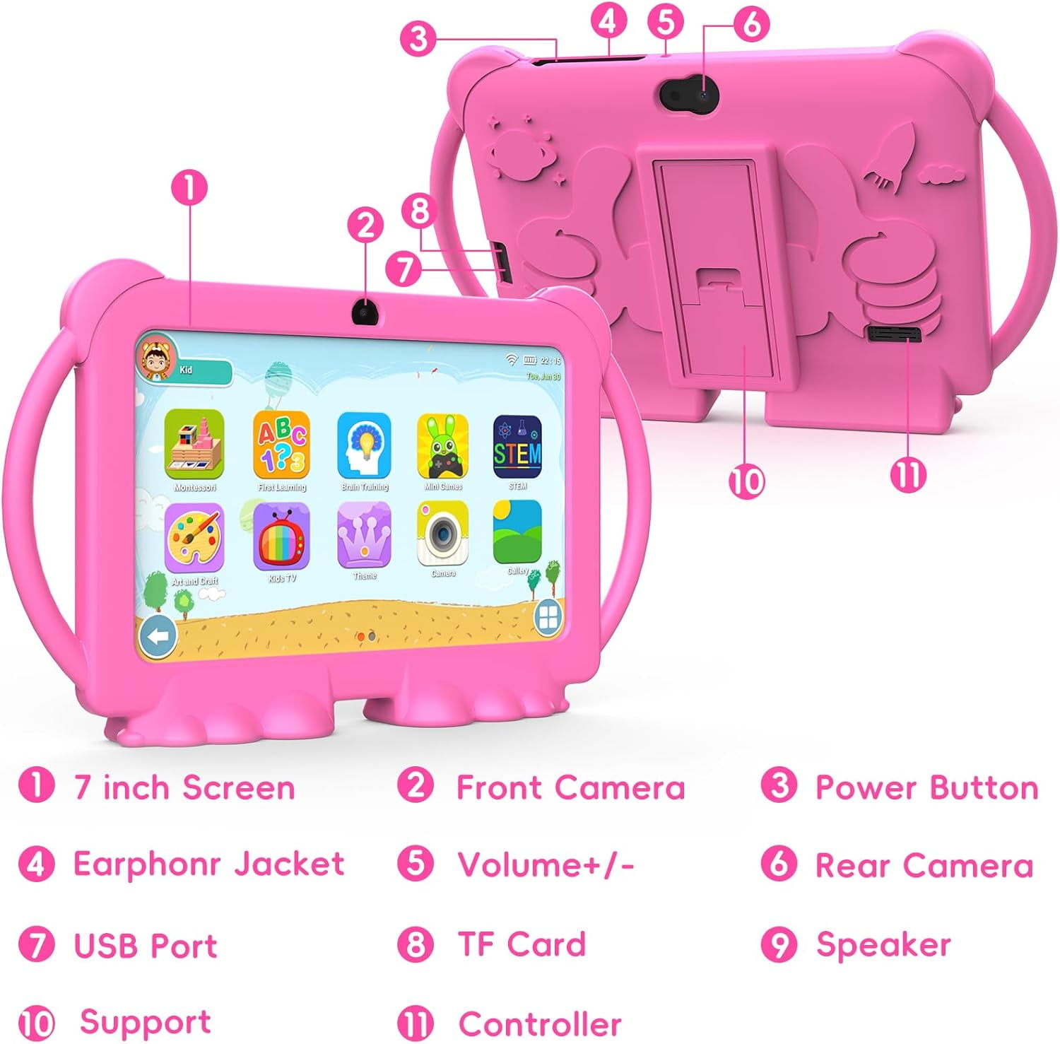 2024 Kids Tablet, 7 inch Android 12 Tablet for Kids, 4GB+32GB ROM+1TB Expand Quad-Core Toddler Tablet with Shockproof Case, BT, WiFi, Parental Control, 2MP+5MP Dual Camera, Games