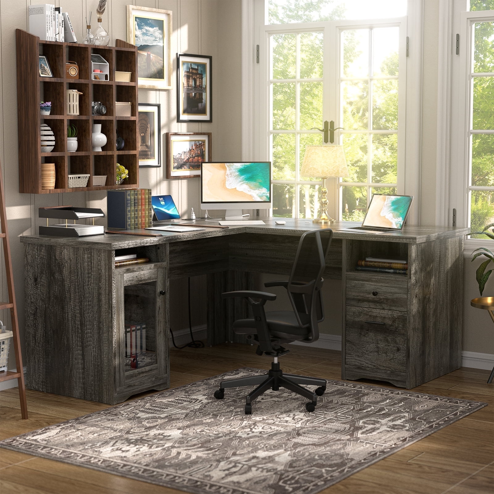 Homieasy L Shaped Desk with Power Outlet and USB Ports, 60 Inch Corner Computer Desk with Drawers and Storage Shelves, Large 2 Person Study Table L-Shaped Office Desk with File Cabinets, Black Oak