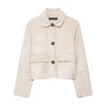 thumbnail image 2 of Unir Women Relaxed Peter Pan Collar Button Front Cropped Suede Jacket Long Sleeve Pocket Casual Daily Outer Coat 1PC XS-XL Plus Size Friendly, 2 of 7