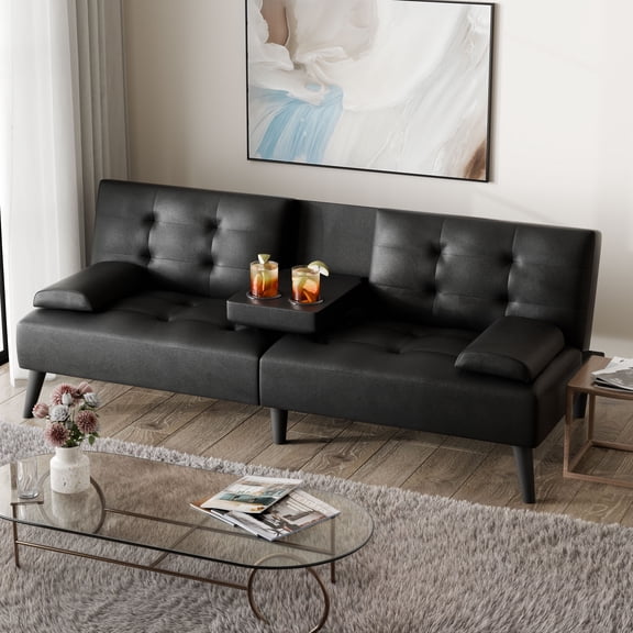 Walsunny Leather Convertible Futon Sofa Bed with 3-Angle Adjustable Split Back, Loveseat Sleeper Sofa Couch for Small Spaces & Guest Rooms, Black
