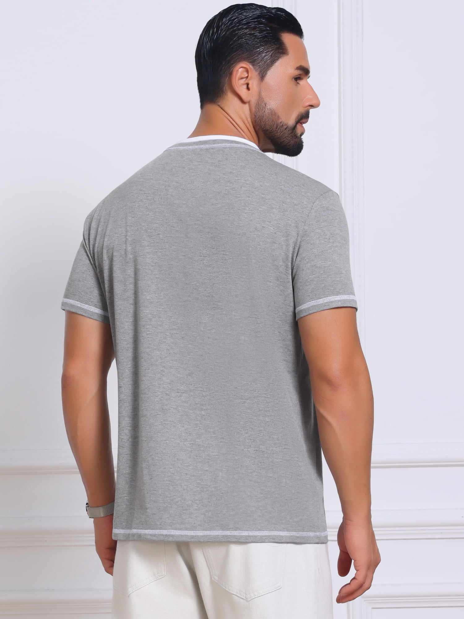 DARING DIVA Men's Henley V-Neck Colorblock Button Down Short Sleeve T-Shirt M Light Gray