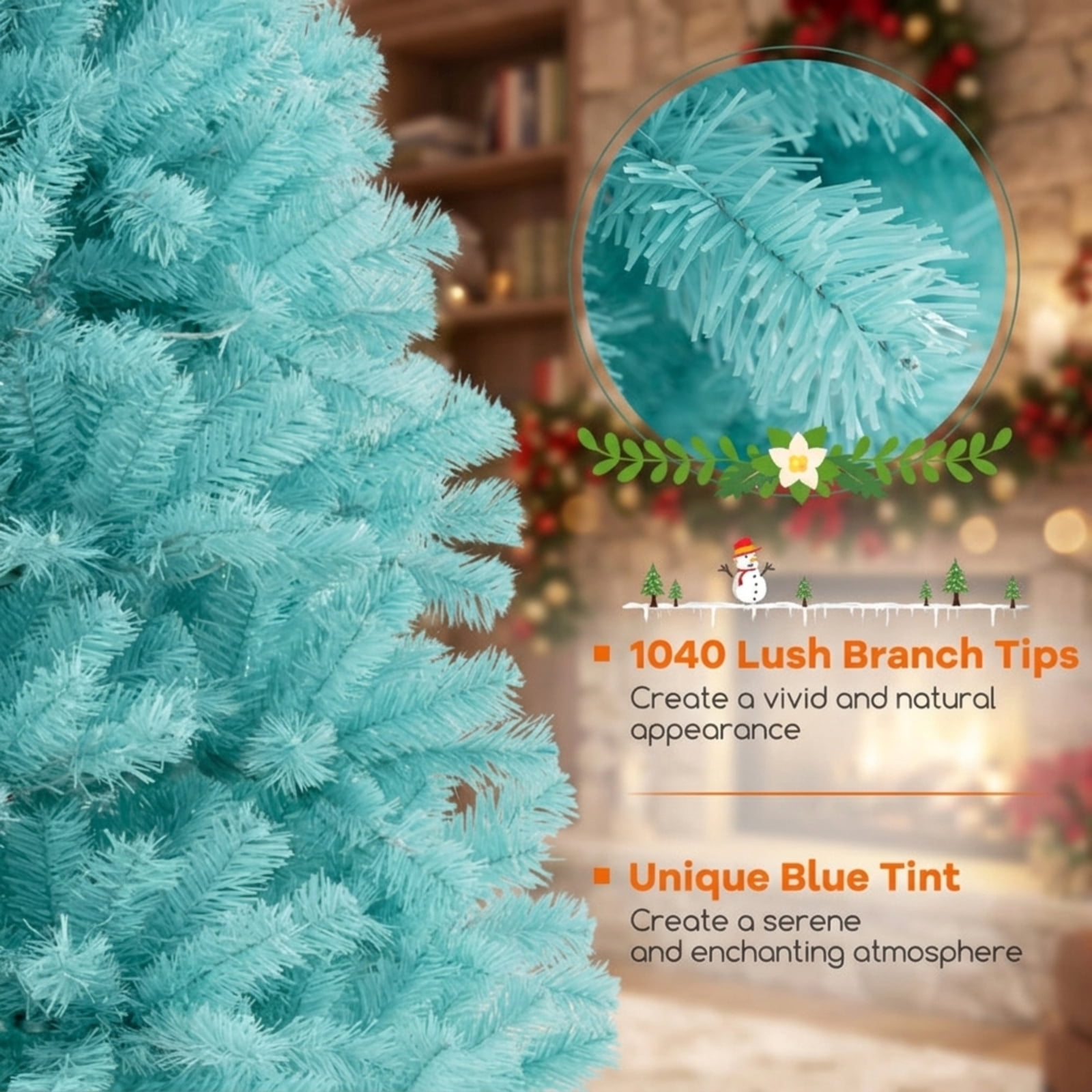 RUIE 7 ft Blue Christmas Tree, Pre-Lit Artificial Xmas Tree with 380 LED Lights, 1040 Branch Tips and Foldable Metal Stand