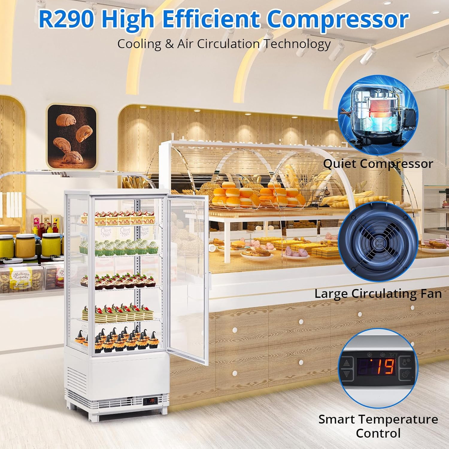 Homhougo Commercial Display Refrigerator, 3.5 Cu Ft Countertop Pastry Display Case with Double-Layered Glass, Display Cake Fridge with Interior LED Lighting, Single-Door Bakery Refrigerator, White
