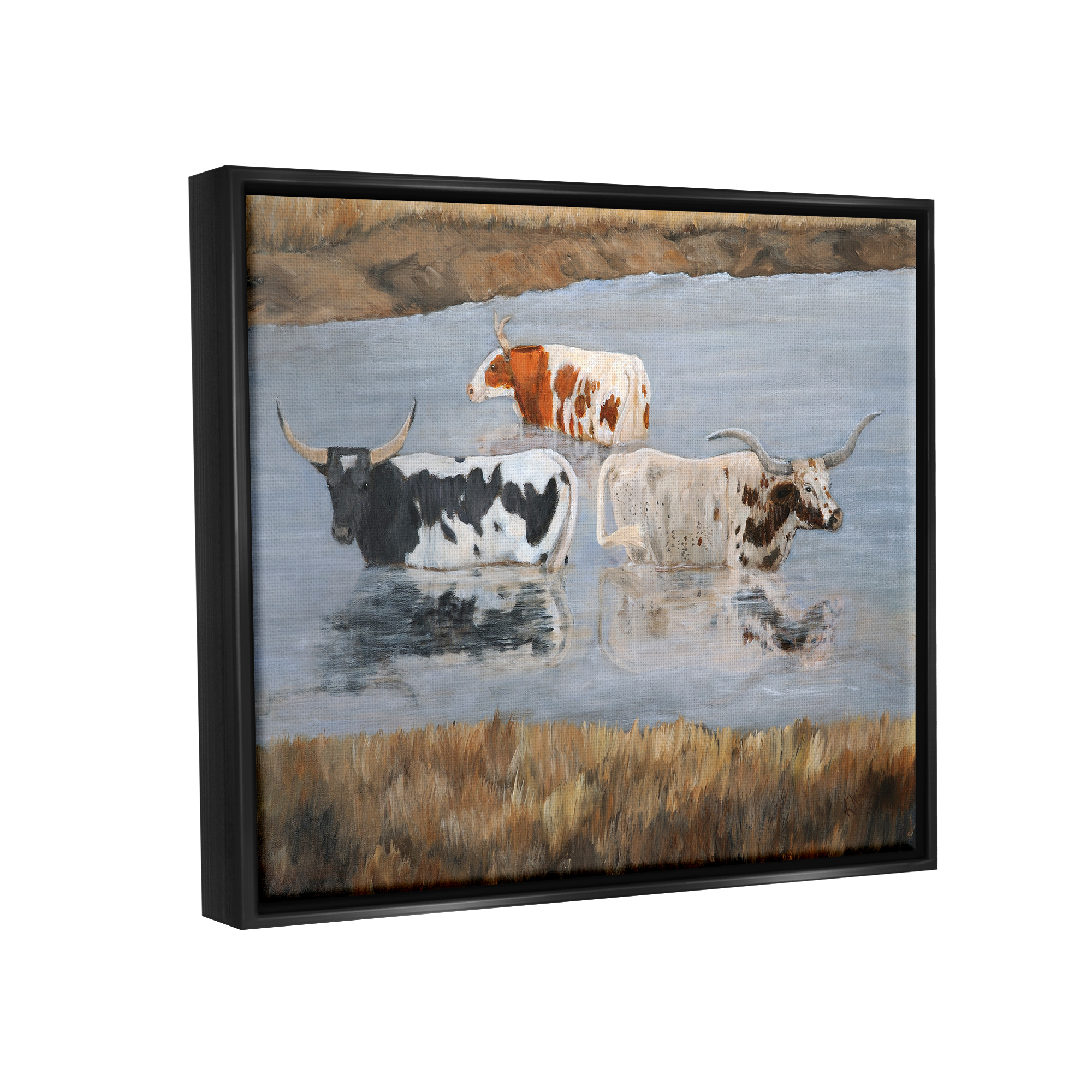 Stupell Cattle Bathing Country Riverbank Animals & Insects Painting Black Floater Framed Art Print Wall Art