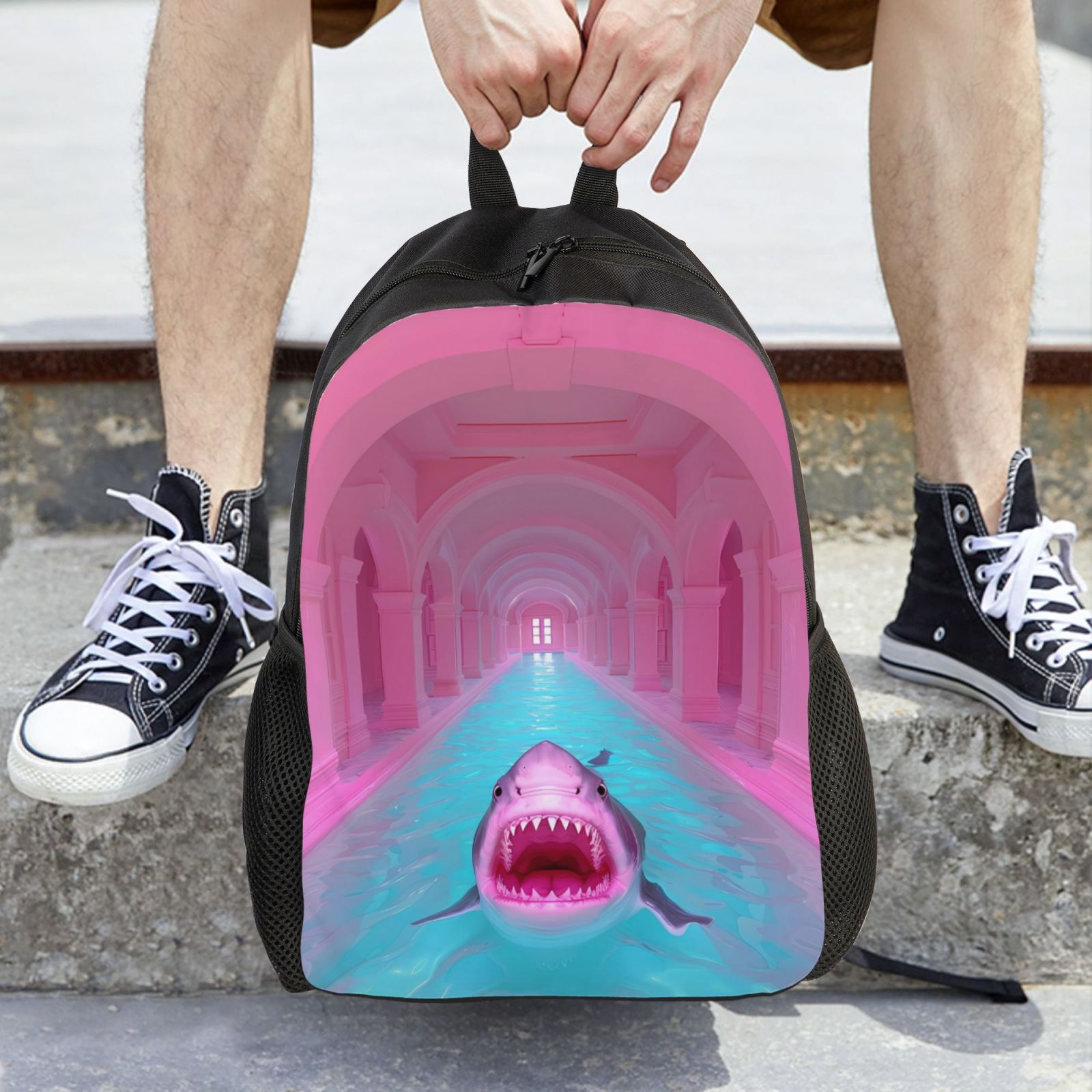 Xecao Pink Shark Pool Fantasy Print School Backpack with Laptop Compartment Small Travel Laptop Backpack for Women Men Waterproof College Backpack Simple School Bag