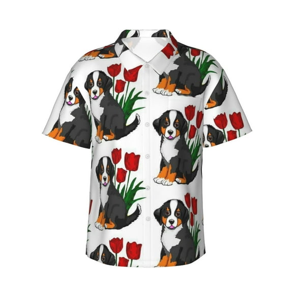 Bernese Mountain Dog Men'S 3d Print Casual Button Down Shirts, Novelty Hawaiian Short Sleeves S