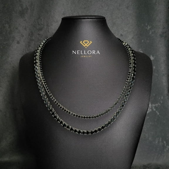 925 Sterling Silver Black Moissanite Tennis Necklace 14K White Gold Plated | 3/4/5mm , Gift for her