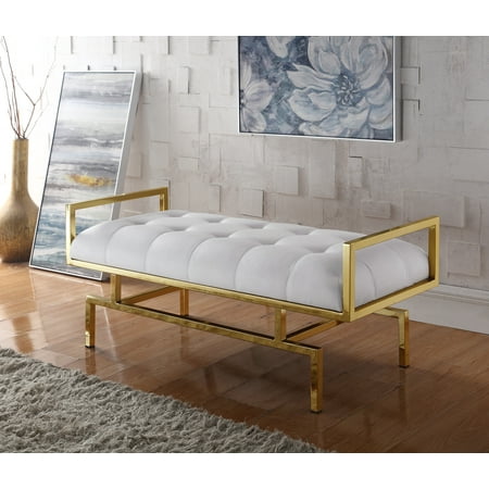 Tufted Bench Seat Chic Home Katharine PU Leather Modern Contemporary Tufted Seating Goldtone Metal Leg Bench, White ()