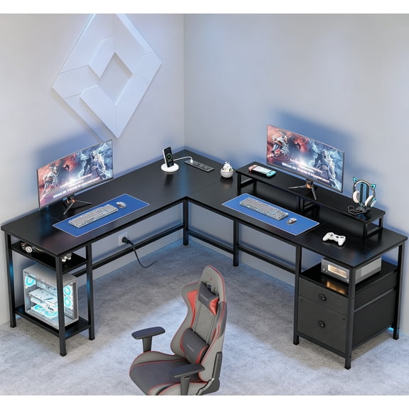 65.4” L Shaped Desk with Power Outlet, Reversible Computer Gaming Desk with File Drawer & 2 Monitor Stands for Home Office with Storage Shelves, Black