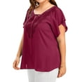 thumbnail image 3 of Xuanfei Women Plus Size Solid Color V Neck Lace Pattern Strappy Trumpet Sleeve T-shirt, 3 of 5