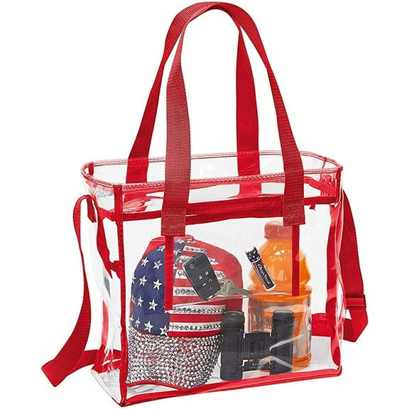 Clear 12 x 12 x 6 Stadium Tote Bag with Side Pocket and 35" Shoulder Straps Red Deluxe