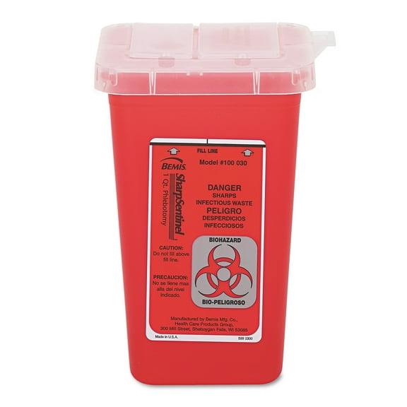 Sharps Waste Receptacle, Square, Plastic, 32oz, Red | Bundle of 5 Each